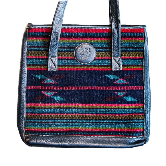 Born 100% Leather And Wool Large Zip Tote Bag Blue Red Mexican Motifs - Picture 1 of 7